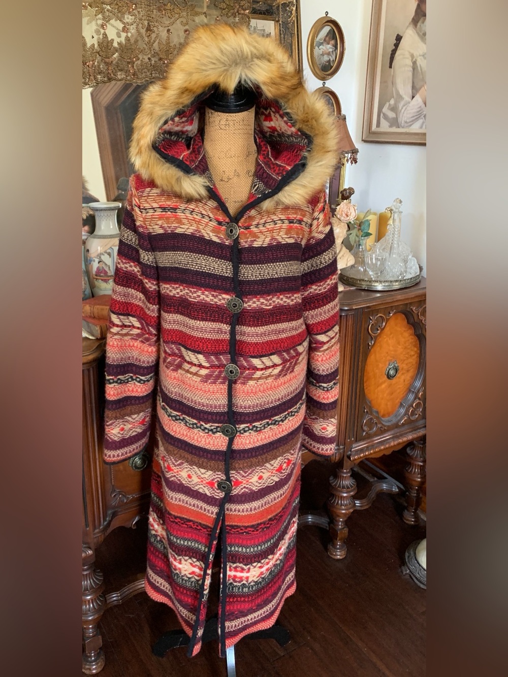 Vintage Boho Nepal-inspired Cardigan Sweater w Leather Belt & Faux Fur Hood - Picture 6 of 16